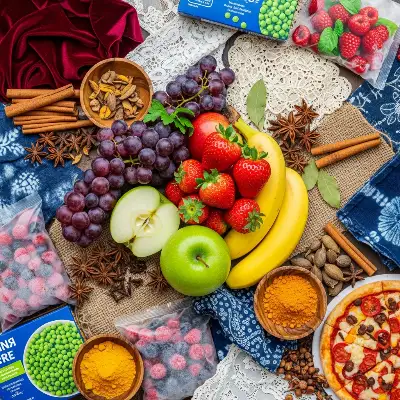 Collage of fruits, spices, frozen food, and textiles