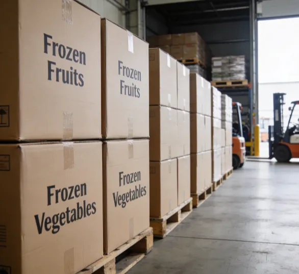 Export cartons of frozen fruits and frozen vegetables stacked and ready for shipment.